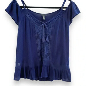 Forever 21 Womens M Boho Open Shoulder Navy Top Floral Lace Swing Hem Rope Tie